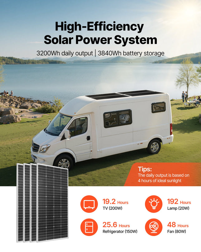 Saulės elektrinės komplektas VEVOR 800W 12V, 300Ah LiFePO₄ akumuliatorius