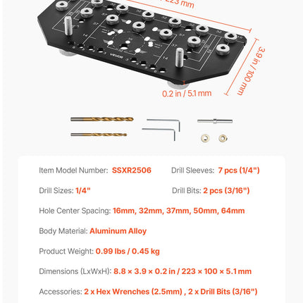 Lentynų kaiščių ir vyrių gręžimo šablonas VEVOR SSXR2506, 6,4 ir 4,8 mm grąžtai