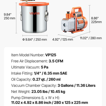 Vakuuminė kamera su siurbliu VEVOR VP125, 11,36 l
