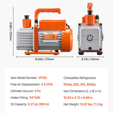 Vakuuminis siurblys ir manometrų rinkinys VEVOR VP125, 3,5 CFM