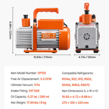 Vakuuminio siurblio ir manometrų rinkinys VEVOR VP125, 217 l/min
