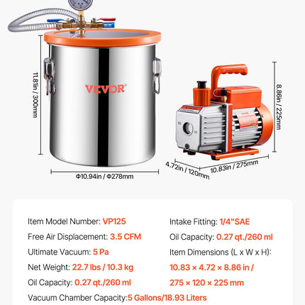 Vakuuminė kamera su siurbliu VEVOR VP125, 19 l