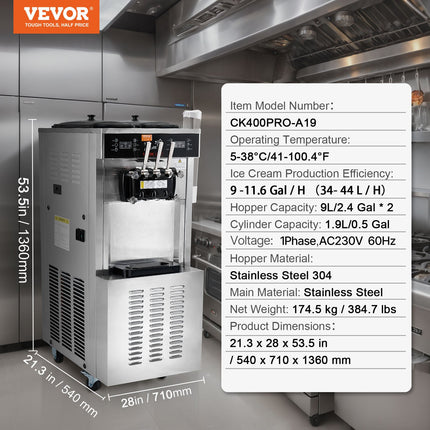 Minkštų ledų gaminimo aparatas VEVOR CK400PRO-A19, 34–44 l/val. našumas