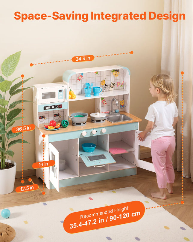 Žaislinė medinė virtuvėlė VEVOR TLG81021, su priedais ir šviesos efektais
