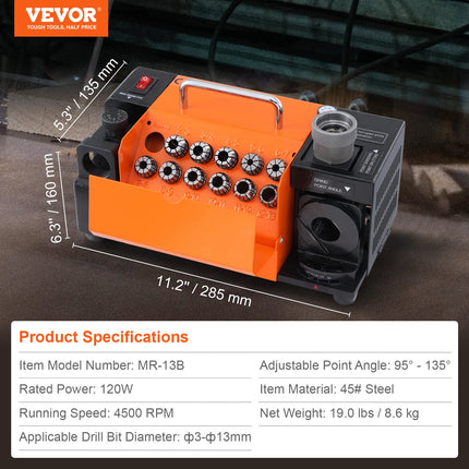 Grąžtų galandimo staklės VEVOR MR-13B, 3–13 mm