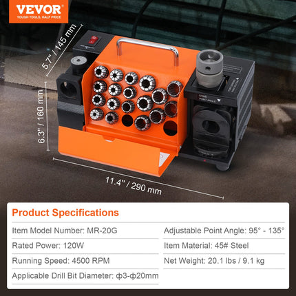 Grąžtų galandimo staklės VEVOR MR-20G, 3–20 mm