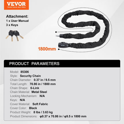 Dviračio grandinės užraktas VEVOR 85902, 10 mm x 182 cm