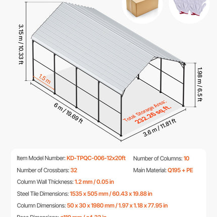 Metalinė stoginė automobiliui VEVOR KD-TPQC-006-12x20ft, 3,6 x 6 m