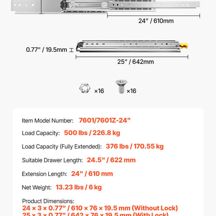 Stalčių bėgeliai VEVOR 7601/7601Z-24", 226,8 kg apkrova