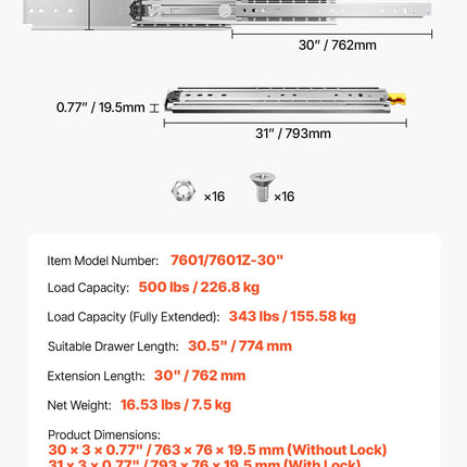 Stalčių bėgeliai VEVOR 7601/7601Z-30", 226,8 kg apkrova