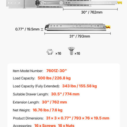 Stalčių bėgeliai VEVOR 7601Z-30", 226 kg apkrova