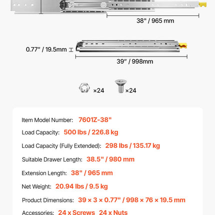 Stalčių bėgeliai VEVOR 7601Z-38", 226 kg apkrova