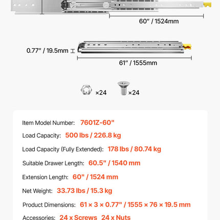 Stalčių bėgeliai VEVOR 7601Z-60", 226,8 kg apkrova