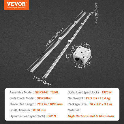 Linijinių kreipiančiųjų rinkinys VEVOR SBR20, 1800 mm